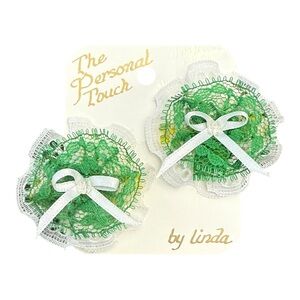 Vintage 80s Lace Hair Barrettes – Green & White Rosettes w/ Bows (NOS)